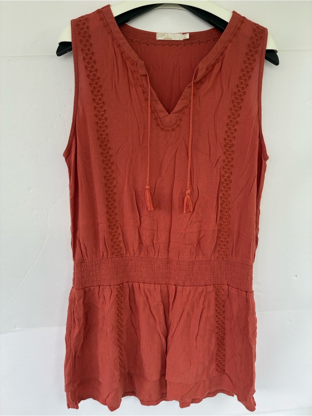 Prana Burnt Orange Embroidered V-Neck Dress with Tassels 100% Tencel Modal Large